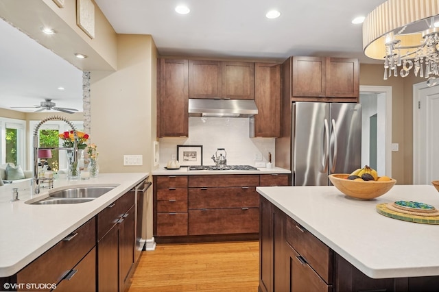505 Jackson Ave, Glencoe, IL 60022 - kitchen featuring appliances with stainless steel finishes, light wood finished floors, under cabinet range hood, light countertops, and a sink