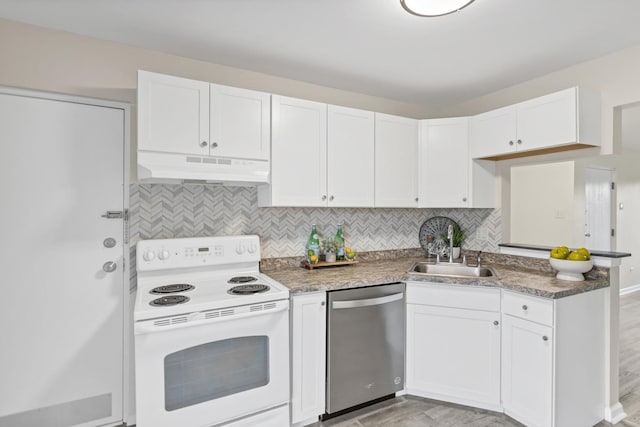 kitchen featuring white electric range, stainless steel dishwasher, under cabinet range hood, a sink, and light wood-type flooring