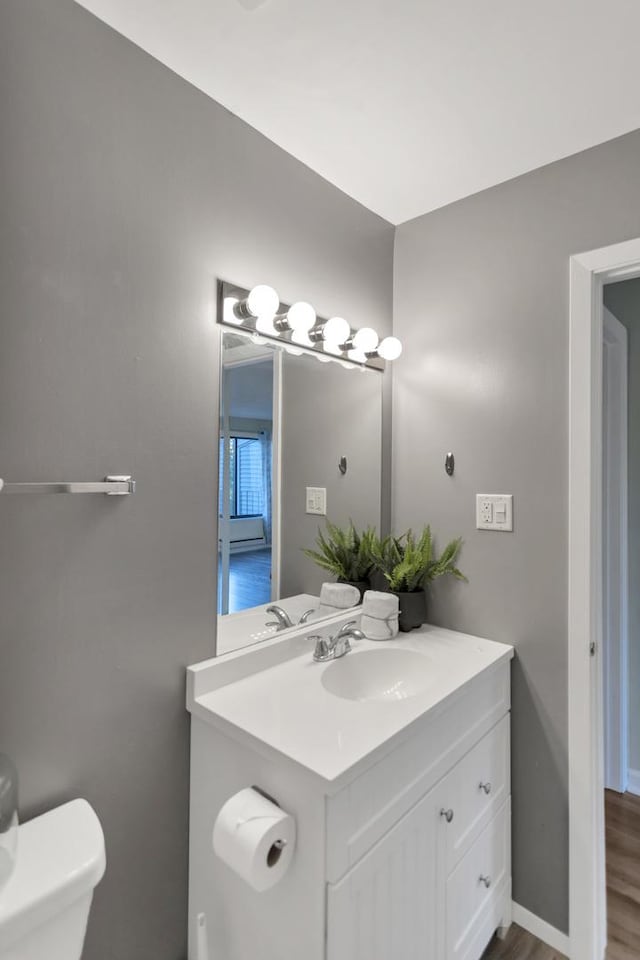 half bath with vanity, wood finished floors, and toilet