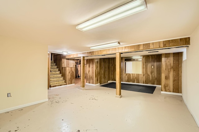 3254 W 115th St, Chicago, IL 60655 - finished basement with stairway, baseboards, wood walls, and gas water heater