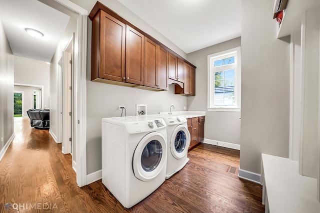 1327 Greenwood Ave, Deerfield, IL 60015 - laundry area with cabinet space, separate washer and dryer, dark wood-style flooring, and healthy amount of natural light