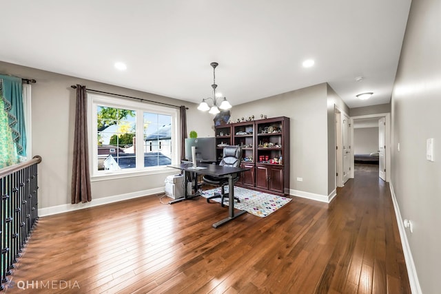 1327 Greenwood Ave, Deerfield, IL 60015 - office area featuring a chandelier, hardwood / wood-style floors, baseboards, and recessed lighting