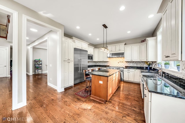 1327 Greenwood Ave, Deerfield, IL 60015 - kitchen with built in appliances, under cabinet range hood, a sink, decorative backsplash, and a kitchen island