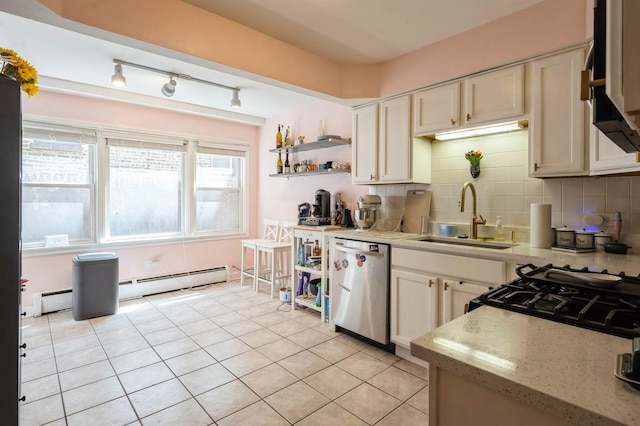 kitchen with a sink, stainless steel dishwasher, backsplash, baseboard heating, and open shelves