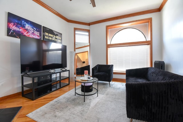 523 E 41st St, Chicago, IL 60653 - living area featuring crown molding, wood finished floors, ceiling fan, and baseboards