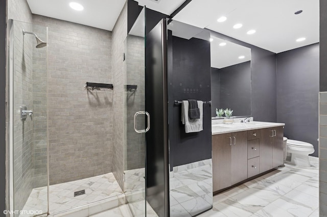 60 E Monroe St Unit 3308, Chicago, IL 60603 - bathroom featuring a shower stall, recessed lighting, marble finish flooring, double vanity, and toilet