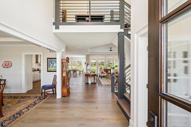 604 Cayman Way, Savoy, IL 61874 - entryway with wood finished floors, a towering ceiling, and ceiling fan