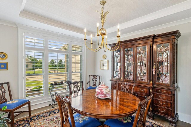604 Cayman Way, Savoy, IL 61874 - dining space with a chandelier, wood finished floors, plenty of natural light, crown molding, and a tray ceiling