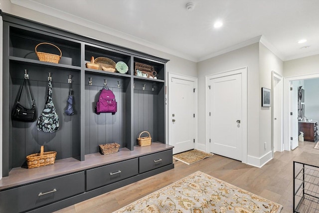 604 Cayman Way, Savoy, IL 61874 - mudroom with ornamental molding, light wood-type flooring, and recessed lighting