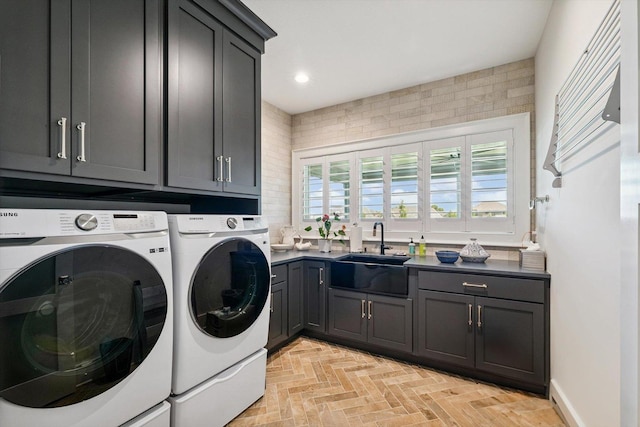 604 Cayman Way, Savoy, IL 61874 - laundry room featuring washer and clothes dryer, cabinet space, recessed lighting, and brick patterned flooring