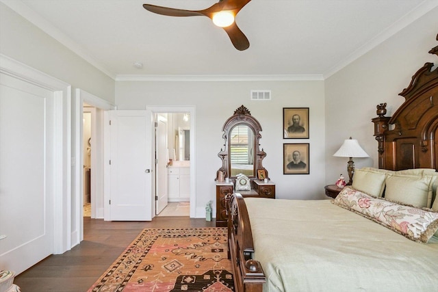 604 Cayman Way, Savoy, IL 61874 - bedroom with crown molding, dark wood finished floors, connected bathroom, and a ceiling fan