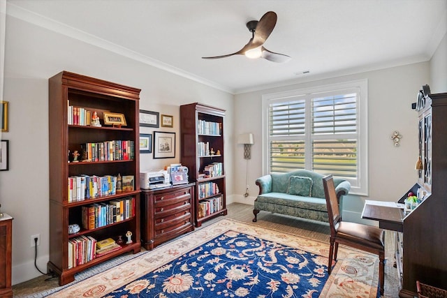 604 Cayman Way, Savoy, IL 61874 - living area featuring ceiling fan, crown molding, and carpet floors