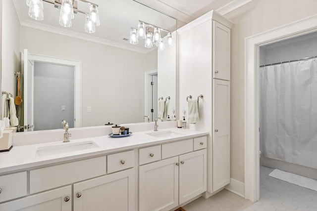 604 Cayman Way, Savoy, IL 61874 - bathroom with double vanity, tile patterned flooring, crown molding, and a shower with curtain