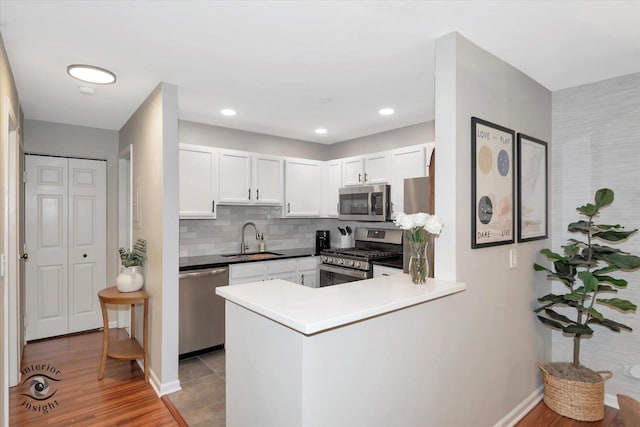 1525 Raymond Dr Unit 103, Naperville, IL 60563 - kitchen featuring stainless steel appliances, a sink, a peninsula, white cabinetry, and backsplash