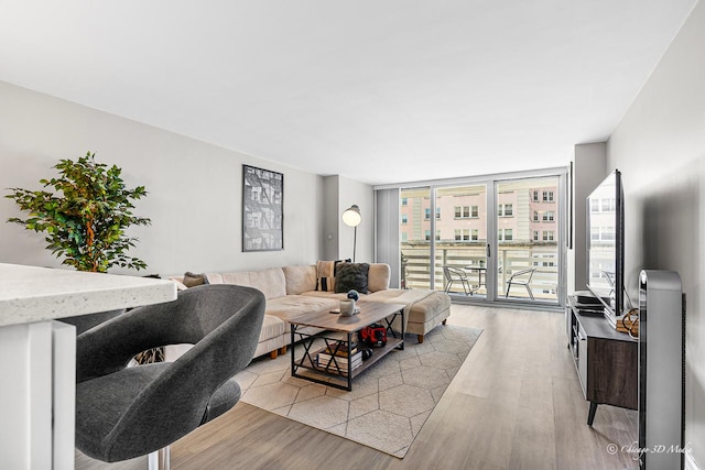 living room featuring floor to ceiling windows and light wood-type flooring