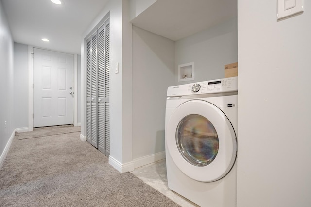 1013 W 18th Pl, Chicago, IL 60608 - laundry room featuring washer / clothes dryer, carpet flooring, baseboards, and recessed lighting