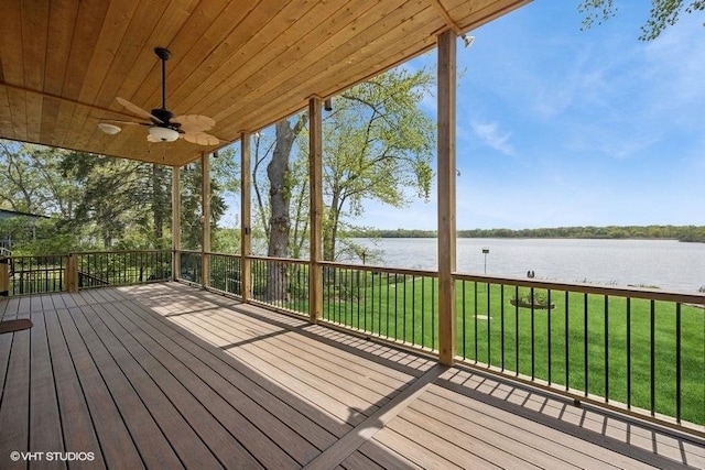 deck with a water view, ceiling fan, and a lawn