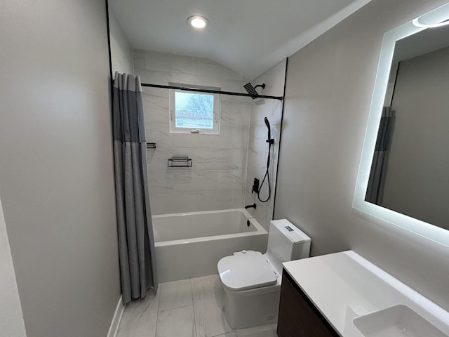 617 S Albert St, Mount Prospect, IL 60056 - bathroom featuring marble finish flooring, toilet, vanity, shower / bath combination with curtain, and lofted ceiling