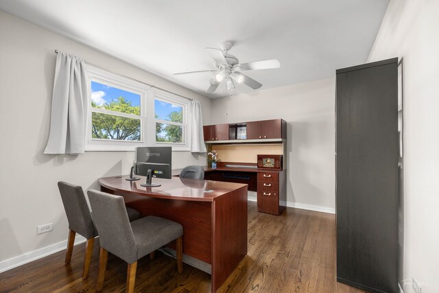 806 71st St, Darien, IL 60561 - office area with baseboards, dark wood-style flooring, and a ceiling fan