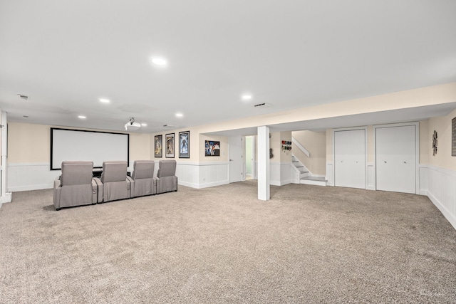 806 71st St, Darien, IL 60561 - carpeted home theater room featuring a wainscoted wall, recessed lighting, and a decorative wall