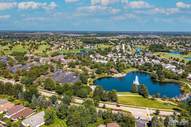 aerial perspective of suburban area with a large body of water
