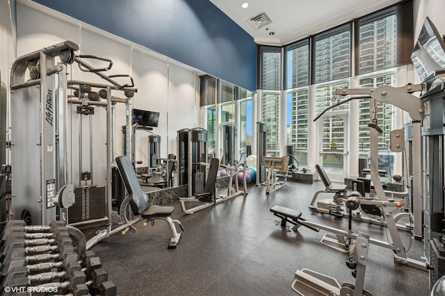 100 E Huron St Unit 1806, Chicago, IL 60611 - workout area featuring a towering ceiling and floor to ceiling windows