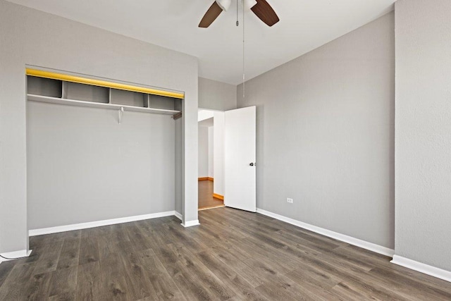 1637 S 48th Ct Unit 9, Cicero, IL 60804 - unfurnished bedroom featuring a closet, wood finished floors, baseboards, and a ceiling fan