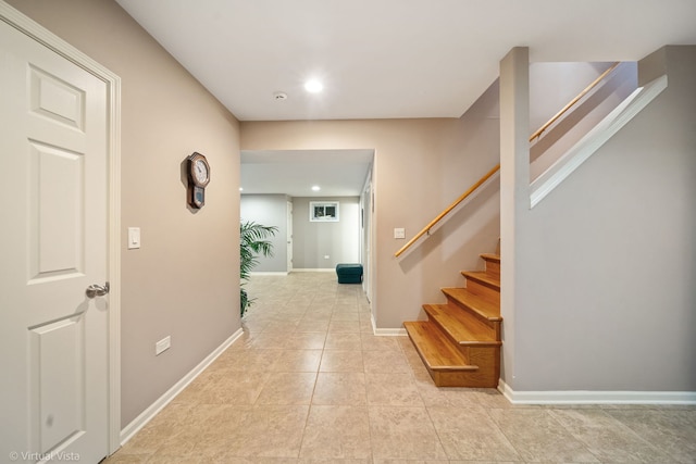 420 Ford Ln, Bartlett, IL 60103 - corridor with stairway, light tile patterned flooring, baseboards, and recessed lighting