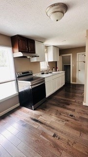 812 W Monroe St, Bloomington, IL 61701 - kitchen with stainless steel electric range oven, a textured ceiling, dark wood finished floors, under cabinet range hood, and a sink