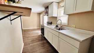 812 W Monroe St, Bloomington, IL 61701 - kitchen with baseboards, dark wood-type flooring, light countertops, and white cabinetry