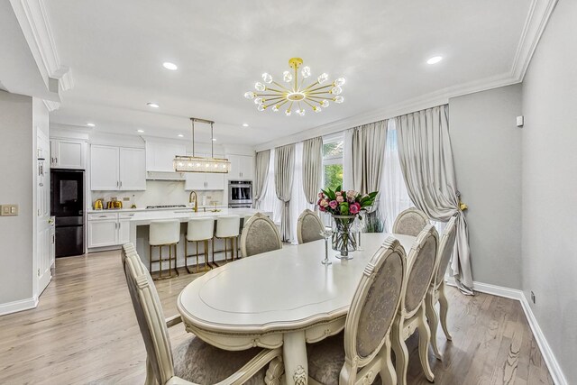 2028 Valor Ct, Glenview, IL 60026 - dining area with baseboards, a chandelier, crown molding, light wood finished floors, and recessed lighting
