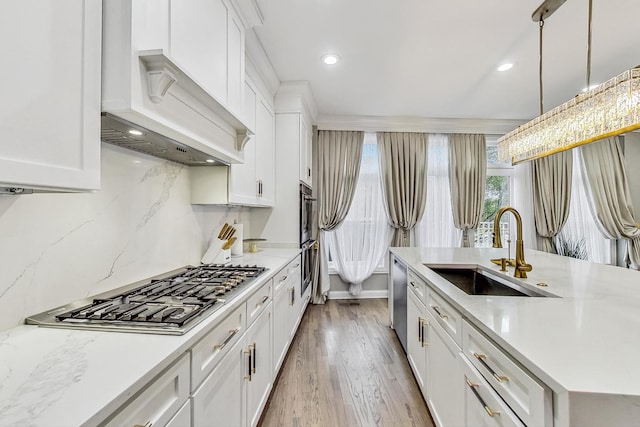 2028 Valor Ct, Glenview, IL 60026 - kitchen featuring a sink, stainless steel appliances, custom range hood, light wood finished floors, and white cabinetry