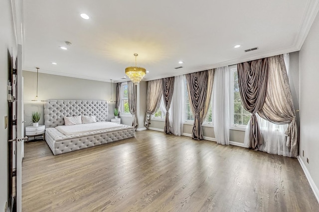2028 Valor Ct, Glenview, IL 60026 - bedroom with baseboards, wood finished floors, ornamental molding, recessed lighting, and a chandelier