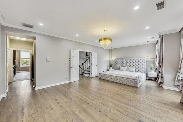 2028 Valor Ct, Glenview, IL 60026 - bedroom with crown molding, baseboards, recessed lighting, light wood-style flooring, and a chandelier