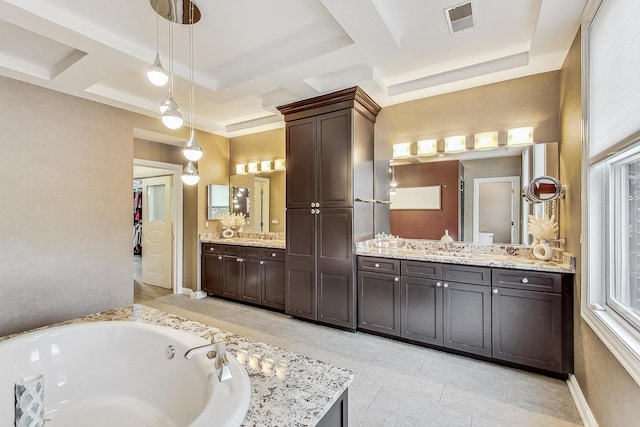 2028 Valor Ct, Glenview, IL 60026 - full bath with coffered ceiling, vanity, a garden tub, tile patterned flooring, and beamed ceiling