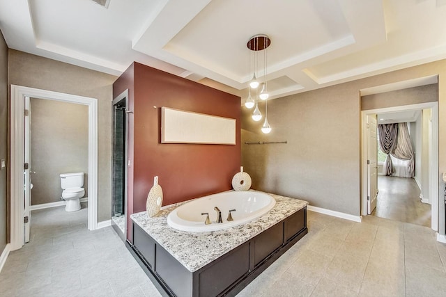 2028 Valor Ct, Glenview, IL 60026 - bathroom with a raised ceiling, toilet, a garden tub, tile patterned flooring, and a stall shower