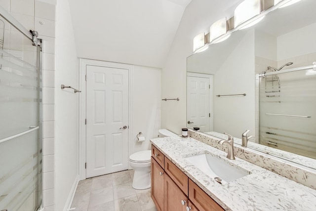 2028 Valor Ct, Glenview, IL 60026 - bathroom featuring a stall shower, toilet, vanity, and lofted ceiling