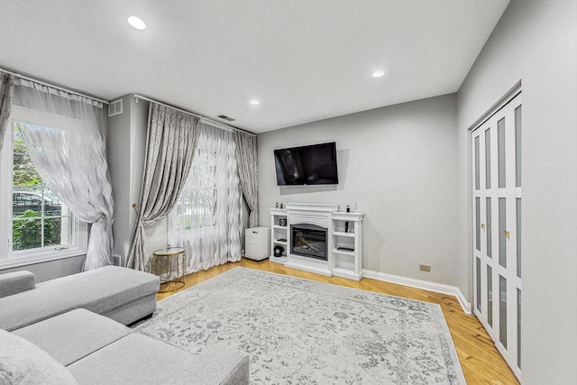 2028 Valor Ct, Glenview, IL 60026 - living area with recessed lighting, a glass covered fireplace, wood finished floors, and baseboards