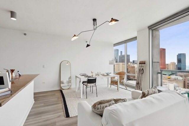611 S Wells St Unit 2801, Chicago, IL 60607 - living area with a view of skyline, light wood-style floors, floor to ceiling windows, and baseboards