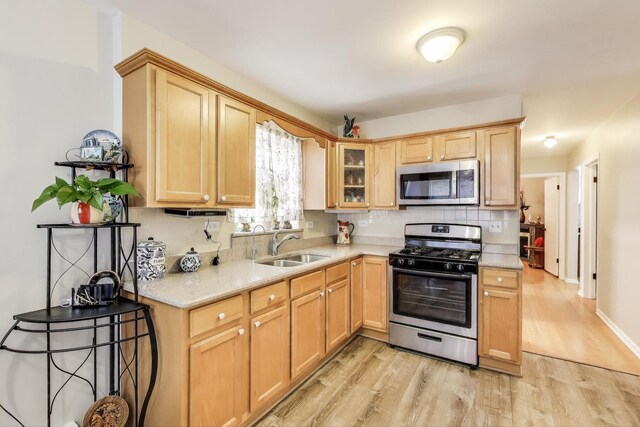kitchen with stainless steel appliances, a sink, decorative backsplash, and light wood finished floors