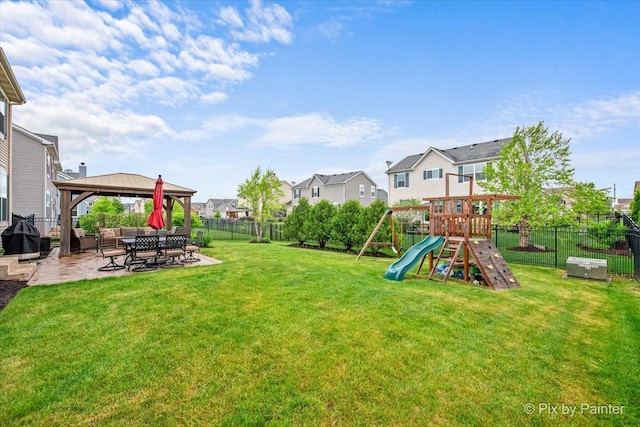 8926 Cook Way, Huntley, IL 60142 - view of yard featuring a gazebo, a patio area, a playground, and a residential view
