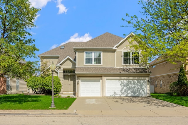 9231 N Natchez Ave, Morton Grove, IL 60053 - traditional home with an attached garage, concrete driveway, stucco siding, a front yard, and roof with shingles