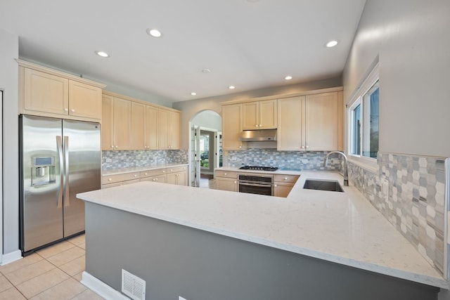 9231 N Natchez Ave, Morton Grove, IL 60053 - kitchen with appliances with stainless steel finishes, a sink, arched walkways, a peninsula, and decorative backsplash