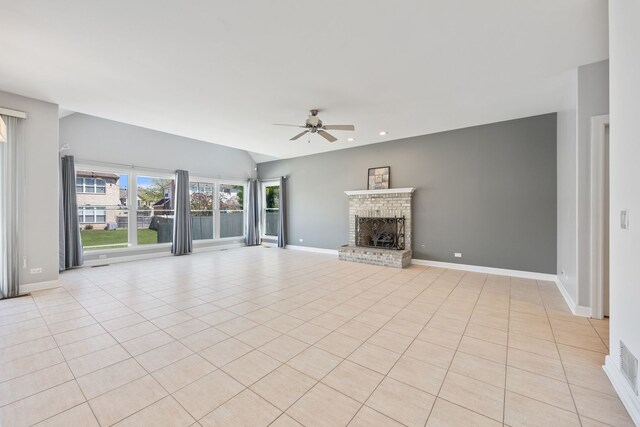 9231 N Natchez Ave, Morton Grove, IL 60053 - unfurnished living room featuring a ceiling fan, a fireplace, baseboards, light tile patterned floors, and recessed lighting