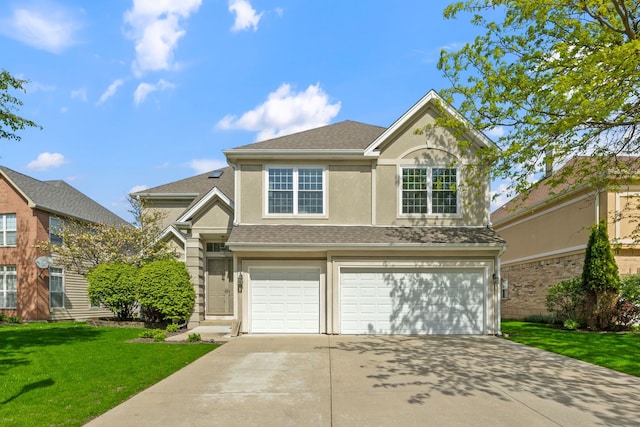 9231 N Natchez Ave, Morton Grove, IL 60053 - traditional-style home featuring an attached garage, stucco siding, concrete driveway, a front lawn, and a shingled roof