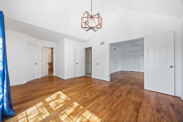 9231 N Natchez Ave, Morton Grove, IL 60053 - unfurnished dining area featuring high vaulted ceiling, a chandelier, wood finished floors, and baseboards