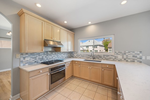 9231 N Natchez Ave, Morton Grove, IL 60053 - kitchen featuring appliances with stainless steel finishes, a sink, under cabinet range hood, light brown cabinetry, and backsplash