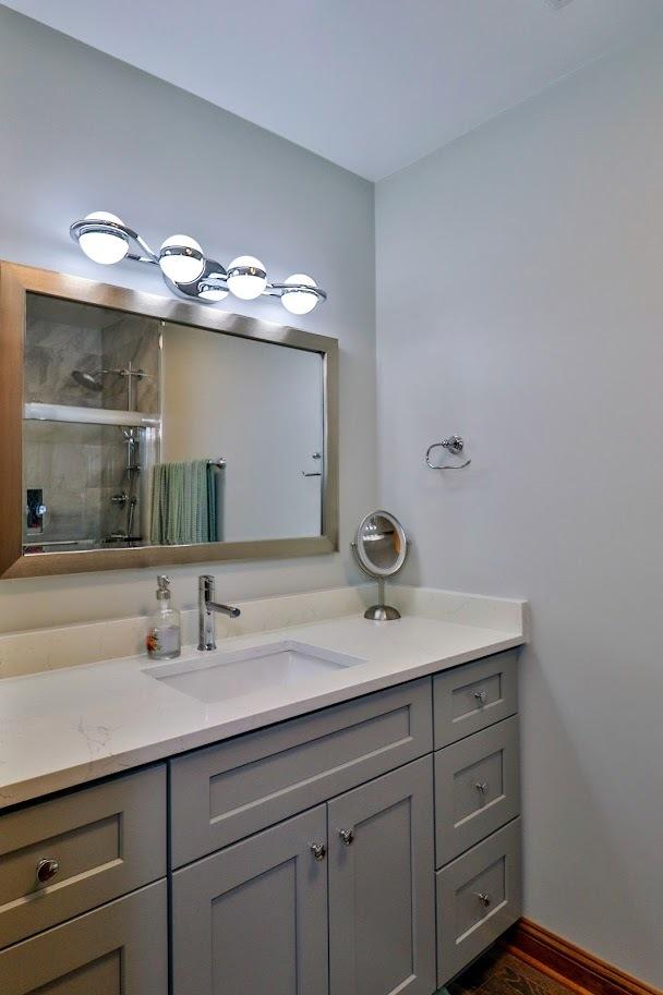 140 Princeton St, Hoffman Estates, IL 60169 - full bath featuring a stall shower, vanity, and wood finished floors