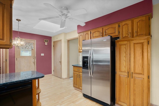 745 Konen Ave, Aurora, IL 60505 - kitchen with stainless steel refrigerator with ice dispenser, a ceiling fan, brown cabinets, and light wood-type flooring
