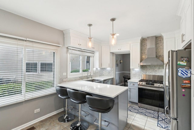 992 Hidden Lake Dr, Buffalo Grove, IL 60089 - kitchen with wall chimney exhaust hood, stainless steel appliances, decorative backsplash, a peninsula, and a sink